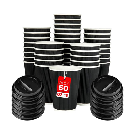 Zuvo 50 Pack Takeaway Coffee Cups with Lids | Disposable Insulated Triple Wall Ripple Kraft Paper Coffee Cups for Takeaway Coffee, Tea or Hot Liquids | Pack of 50 (16 Oz.)