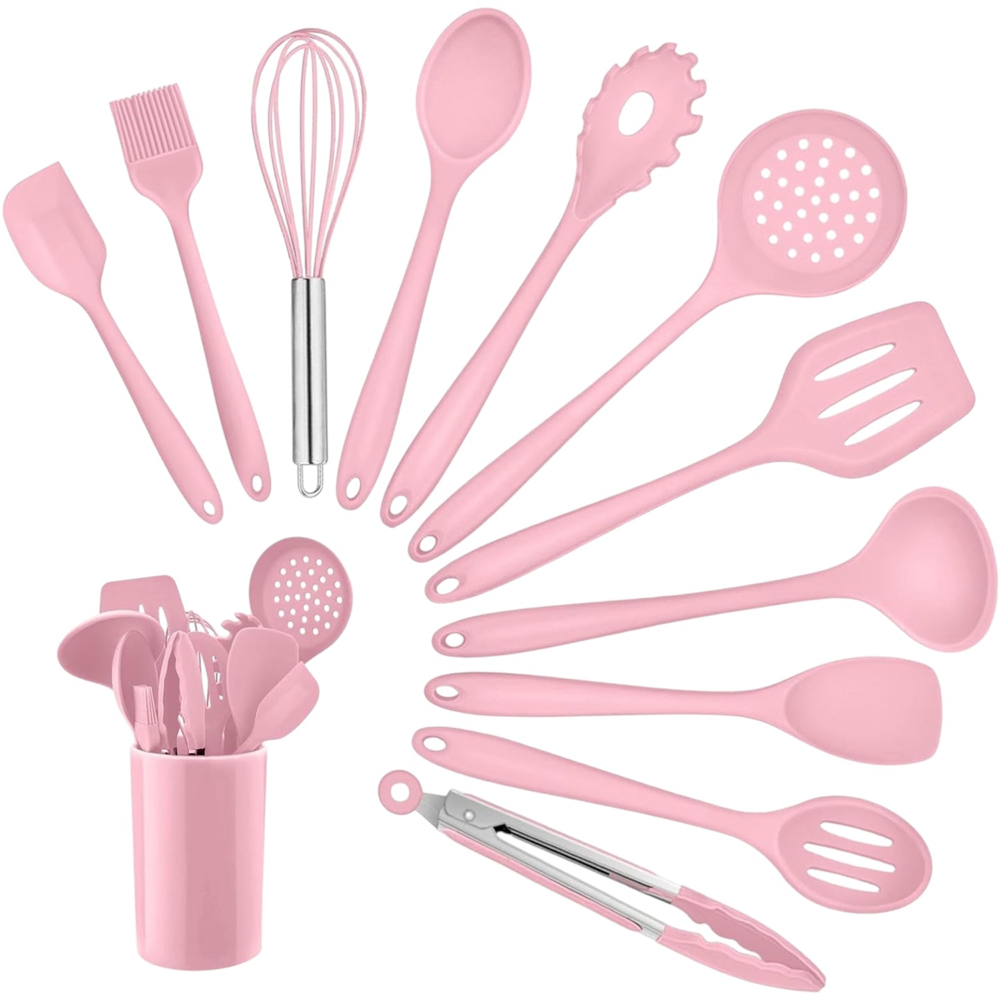 Silicone Kitchen Utensil Set,  12 Piece Cooking Utensils with Holder, Heat Resistant Kitchen Tools Spatulas Set for Cooking Baking Mixing, Safe for Non Stick Cookware - Pink