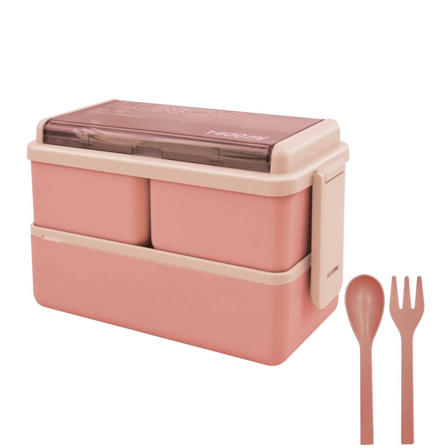 Jsdoin Lunch Box Stackable,1400Ml Containers with 3 Removable Compartments and Cutlery, Leak Proof 2 Layer Boxes, for Adults Kids Office Microwave Dishwasher Safe Available(Pink)