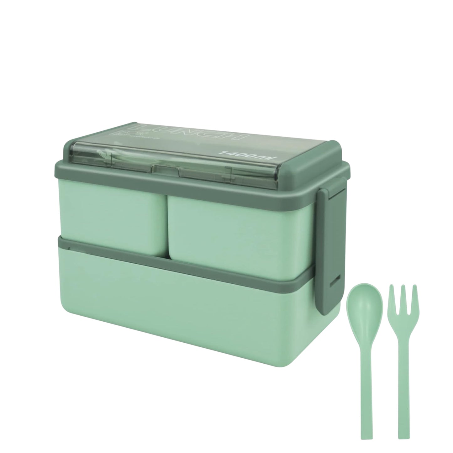 Jsdoin  Lunch Box Stackable,1400Ml Containers with 3 Removable Compartments and Cutlery, Leak Proof 2 Layer Boxes, for Adults Kids Office Microwave Dishwasher Safe Available (Green)