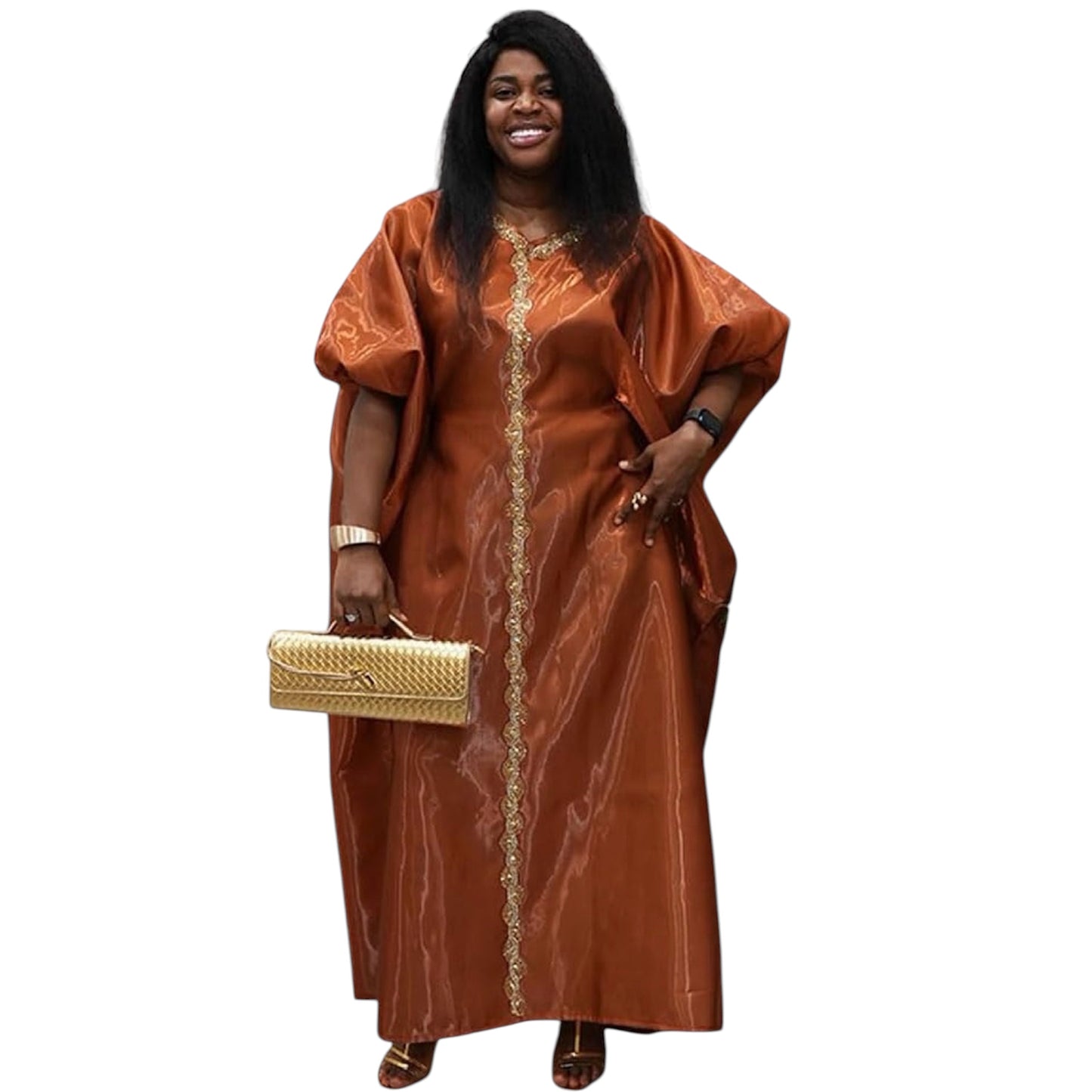 African Print Boubou Dress for Woman Rhinestone Kaftan Casual Gown Half Sleeves