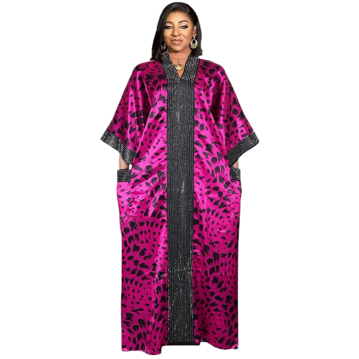 African Print Boubou Dress for Woman Rhinestone Kaftan Casual Gown Half Sleeves
