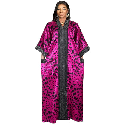 African Print Boubou Dress for Woman Rhinestone Kaftan Casual Gown Half Sleeves