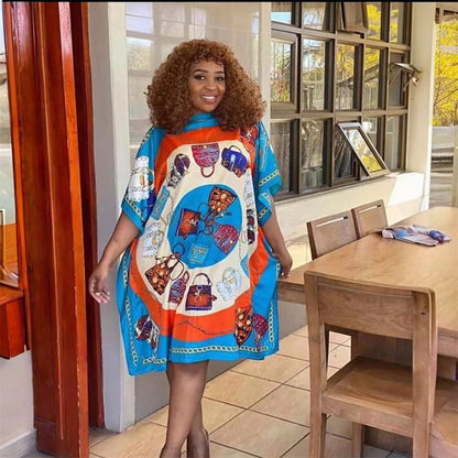 Africa-Inspired Printed Silk Kaftan Maxi Dress – Loose Bohemian Summer Beachwear for Women