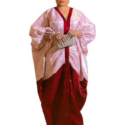 Women’s Shiny Bubu Kaftan Dress – African Patchwork V-Neck Long Gown (Delivered within 2-3 weeks from the day of purchase)