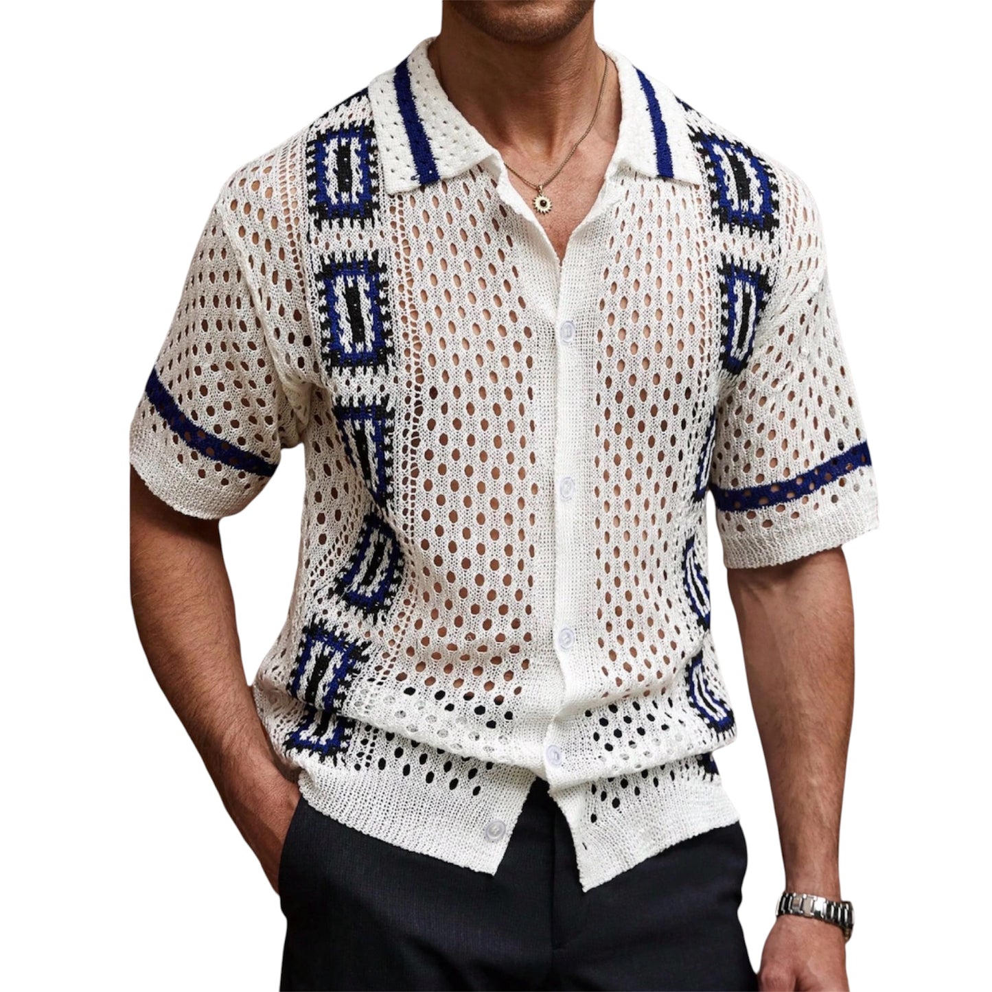 Manfinity Citygents Men’s Hollow Knit Button-Up Shirt – Vacation-Ready Casual Style
