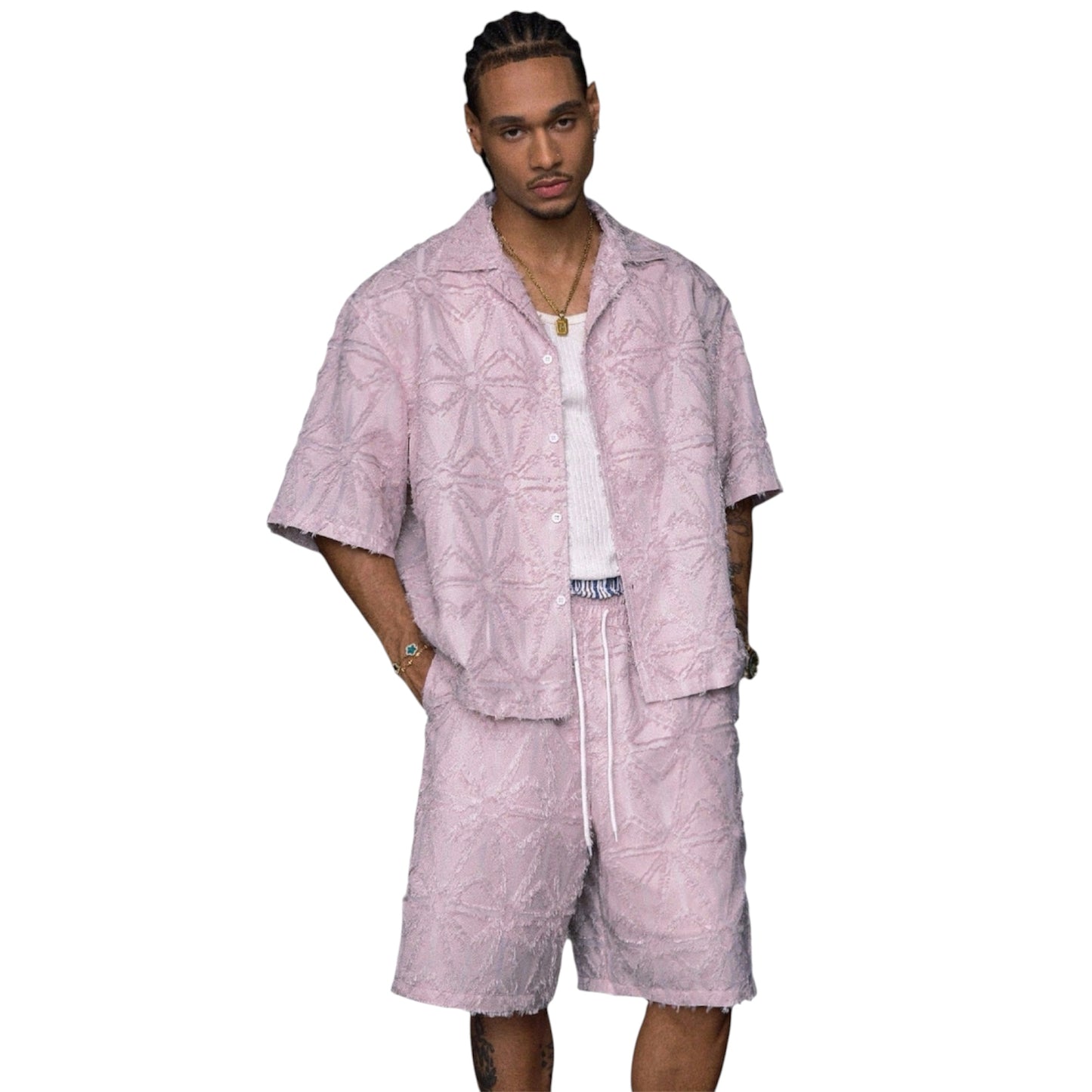 AXEPEAK Men’s 2-Piece Embroidered Summer Set – Casual Streetwear in Baby Pink