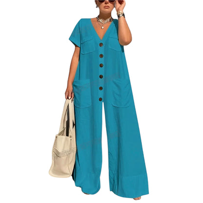 Summer V-Neck Single-Breasted Women’s Jumpsuit – Elegant, Loose-Fit Office & Casual Romper with Pockets