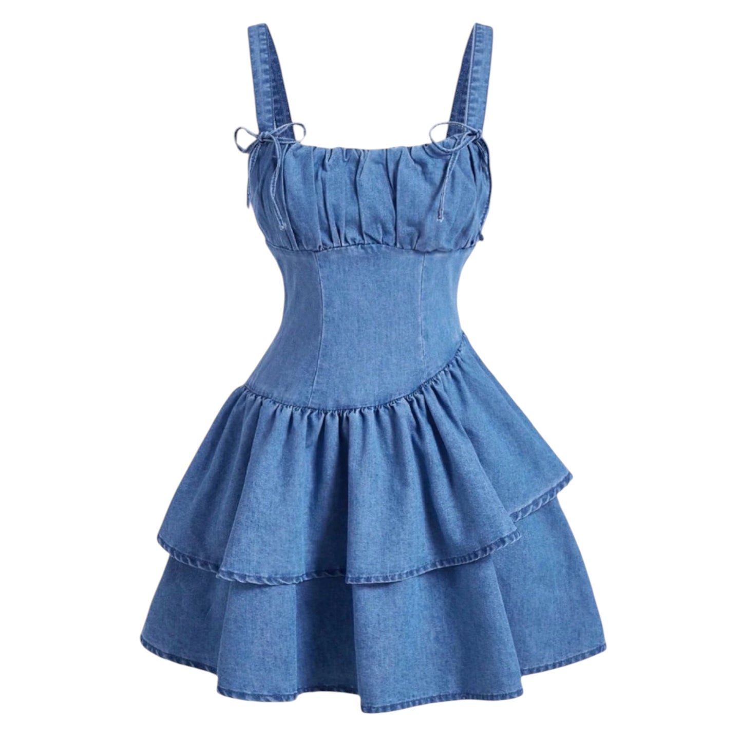 Women’s Solid Color Bow Strap Asymmetrical Denim Double Layered Dress – Fall & Date Night Dresses