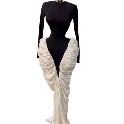 Women’s Long Sleeve Patchwork Ruched Maxi Dress – Lace-Up Stacked Smock Dress 2025