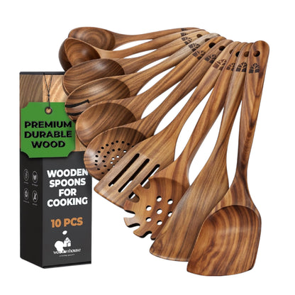 Wooden Utensil Set - 10 Pcs Teak Wooden Spoon Kitchen Utensils Set for Nonstick Pans & Cookware. Non-Scratch, Heat Resistant, Comfortable Grip. Includes Cooking Spatula