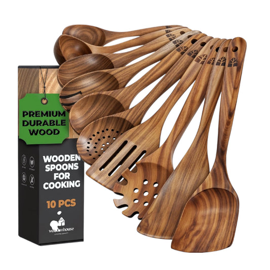 10 Piece Teak Wooden Kitchen Utensil Set