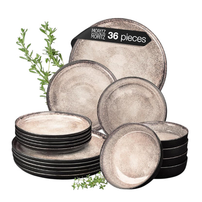 Moritz & Moritz VIDA 36-Piece Beige Porcelain Dinner Set for 12 People - Modern Plates and Bowls Set, Microwave & Dishwasher Safe - Includes Dinner Plates, Soup Bowls & Dessert Plates