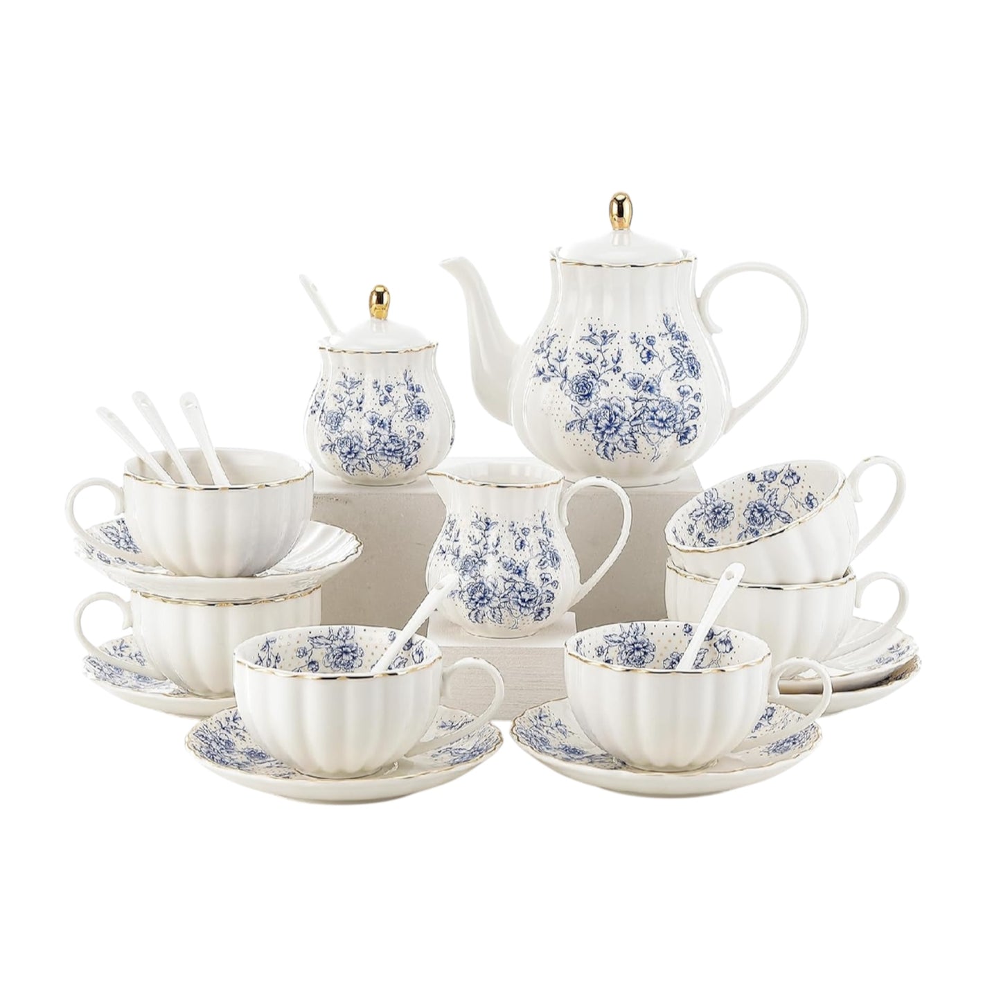 Bloosnow 22Pcs Rose Porcelain Tea Set for Coffee,Tea Blue Porcelain Tea Cup Set