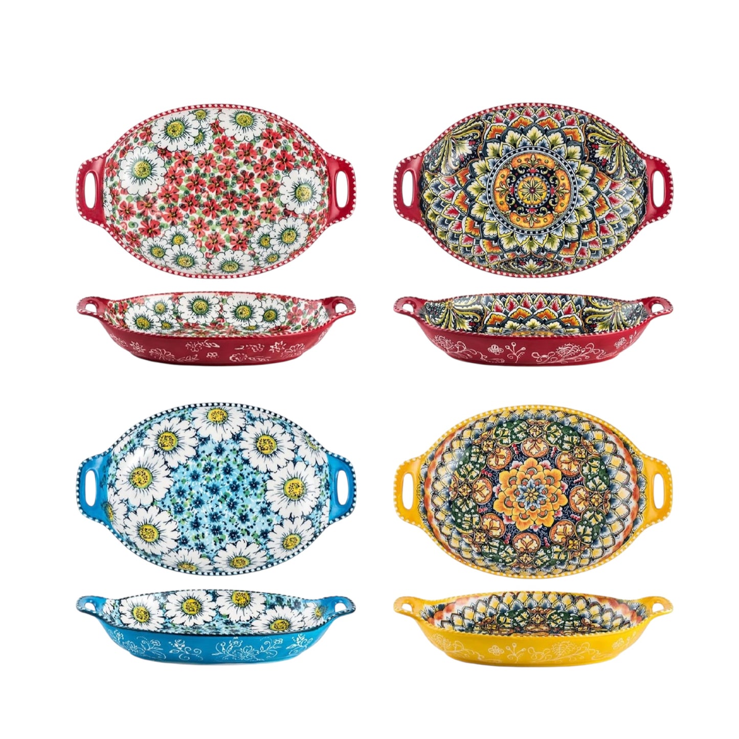 Henten Home Salad Bowl Set of 4, Porcelain Large Pasta Bowl/Fruit Bowls with Handles - 32 OZ, Vibrant Colour Large Boho Bowls Serving Dishes for Entertaining/Party/Christmas