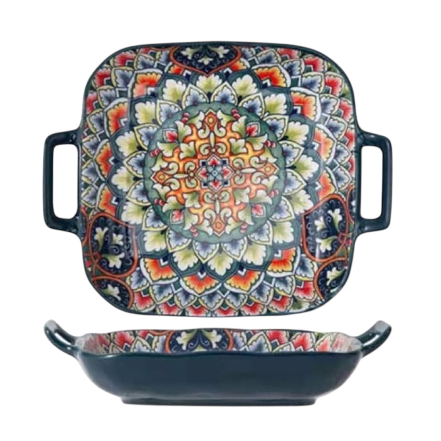 Ceramic Dinner Plate 9" - Porcelain Pasta Bowls,Handled Square Platter for Breakfast, Salads,Fruit,Cereal,Dessert,Bohemian Style(Style D)