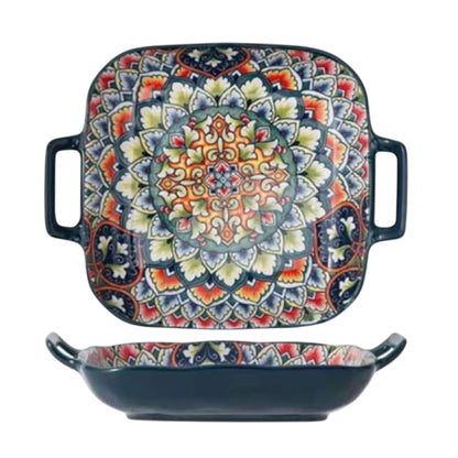 Ceramic Dinner Plate 9" - Porcelain Pasta Bowls,Handled Square Platter for Breakfast, Salads,Fruit,Cereal,Dessert,Bohemian Style(Style D)