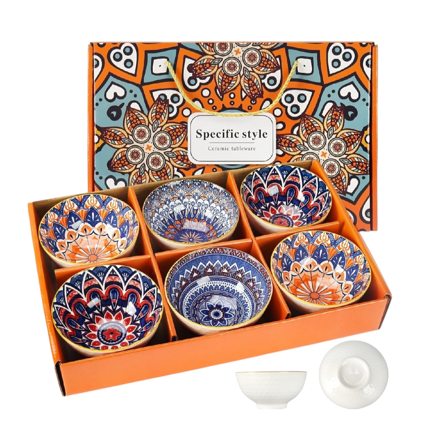 Qudubuy Ceramic Tapas Bowls Set of 6 - Bohemian Style Tapas Dishes, 10Oz/300Ml Salad Bowl, Decorative Serving Bowls for Dip, Cereal, Soup, Rice, Desserts & Snacks, Dishwasher & Microwave Safe
