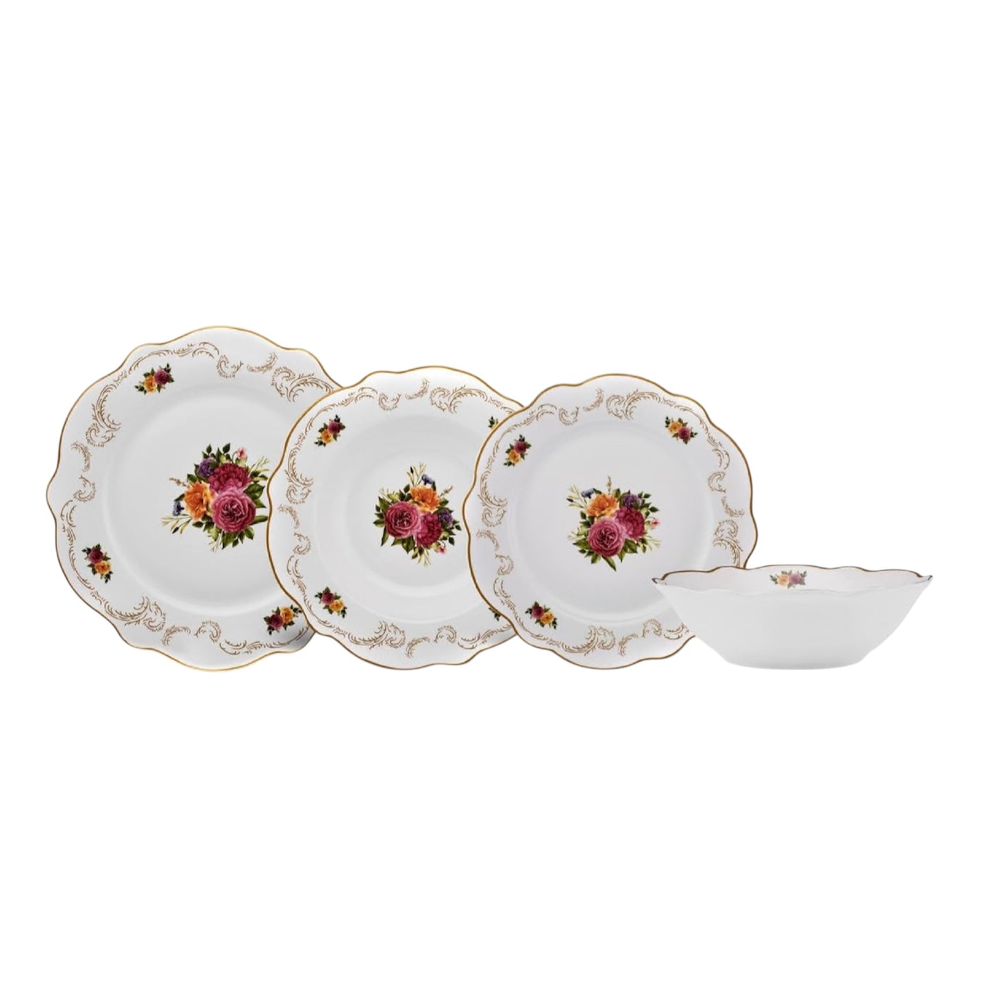 Karaca Antique Plates and Bowls Set for 6 People, White Dinner Set, Complete Kitchen Tableware Collection, Colourful Flower Design, Bone China, 24 Piece