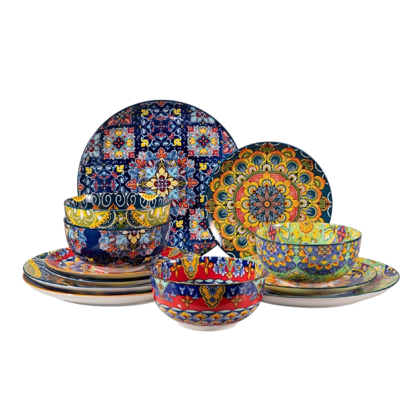 Ceramic Dinnerware Sets for 4,12 Pieces Boho Plates and Bowls for Kitchen,Housewaring Gift,Bohemian Style Dish Set,Dishwasher and Microwave Safe(Colorful)