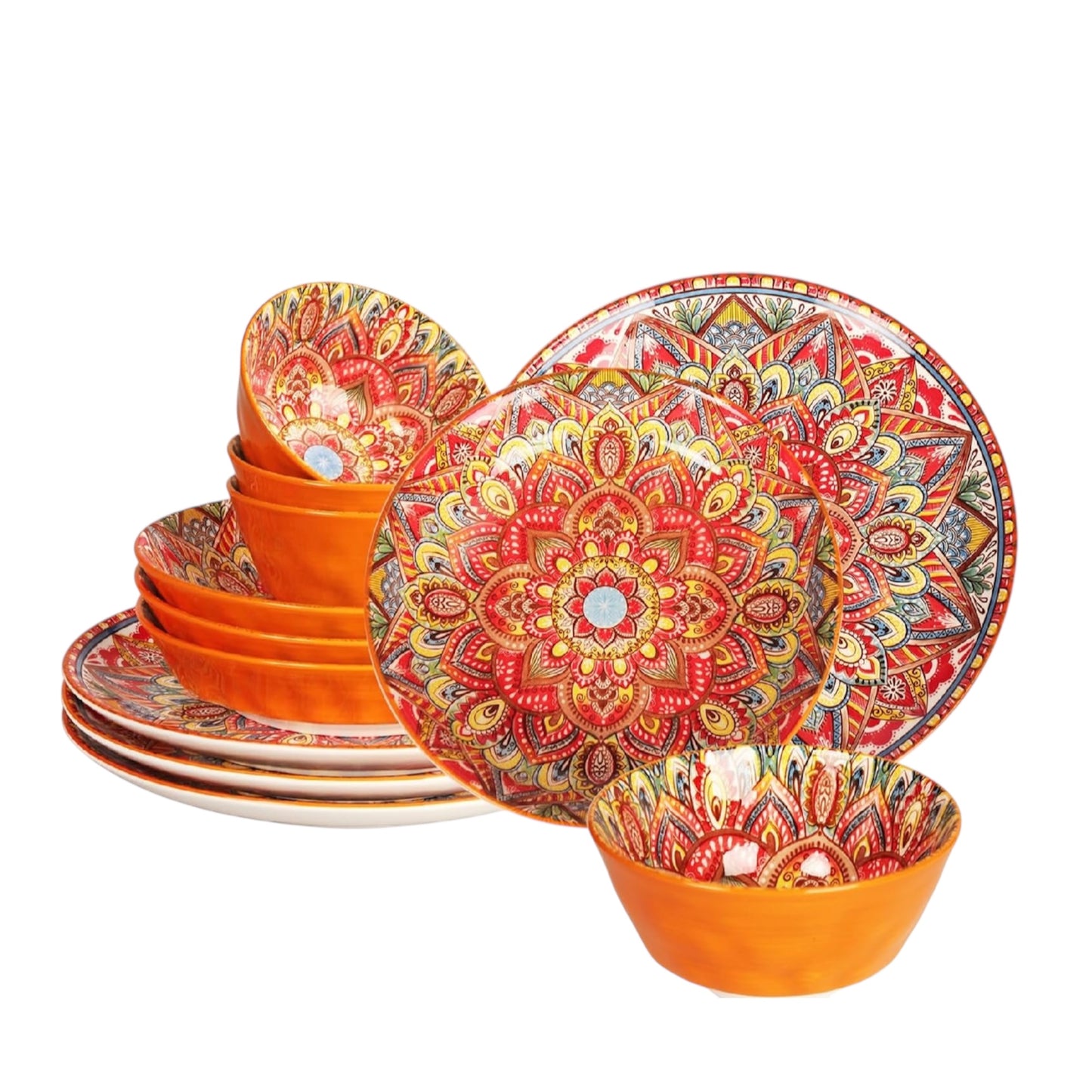Buffet Dinnerware Porcelain Dinnerware Set, Service for 4 (12 Pcs) Easy to Clean Plate & Bowl Set Apply Casual Dining Indoor Outdoor Dining Party Bohemian Style, Red 26+20.5+12.1 CM