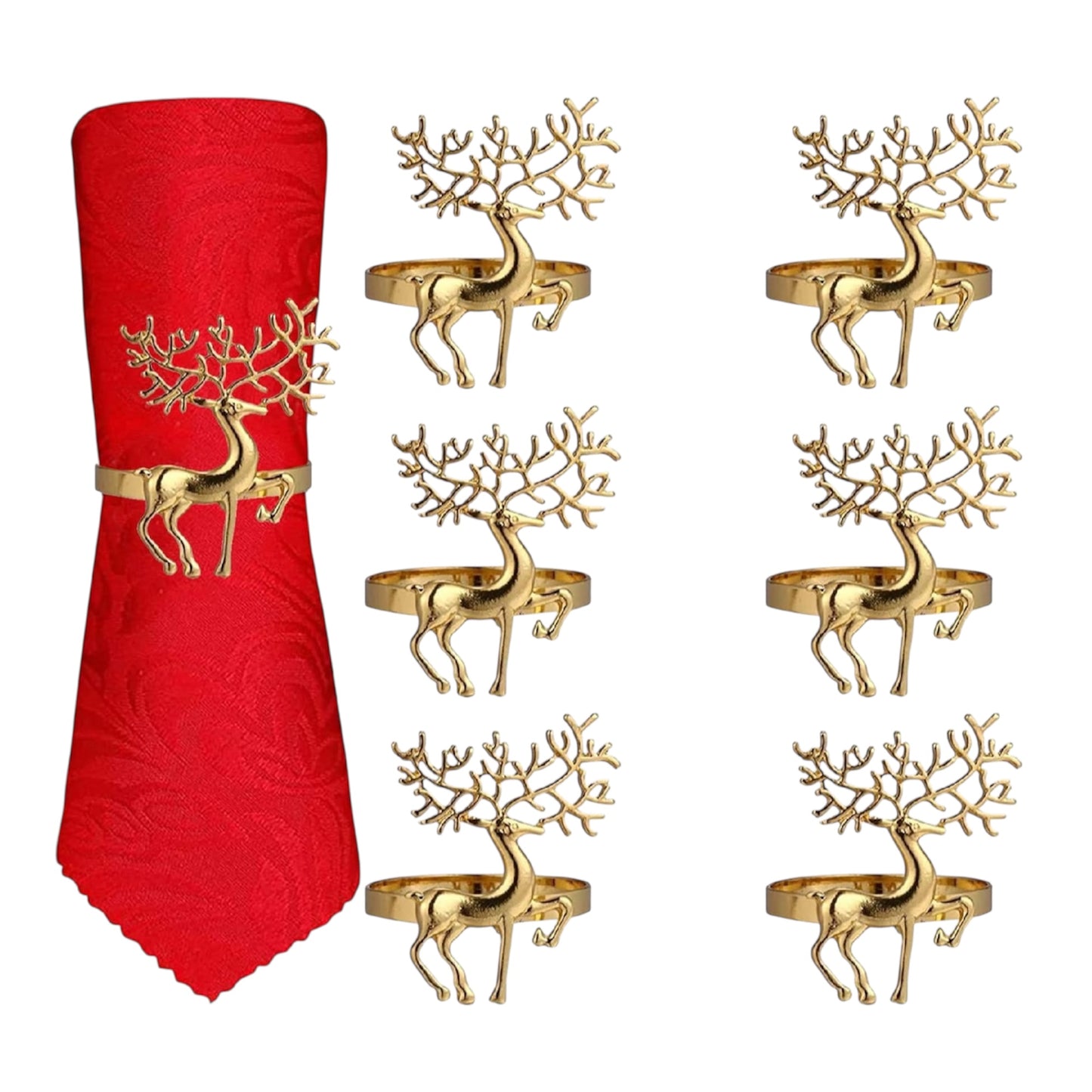 Christmas Napkin Rings- 6 Pcs Christmas Alloy Napkin Ring Holder Household Napkin Buckle for Table Decor, Wedding, Xmas, Party Dinner, Thanksgiving (Reindeer) (Gold)