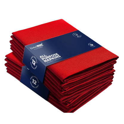 LivinEase Cotton Cloth Napkins Set of 12-100% 46 X 46 Cm Reusable Christmas Red Dinner Napkins - Heavy Weight Hotel Quality Pure Cotton Fabric - Ideal for Xmas Dinner & Events (Red, Cotton)