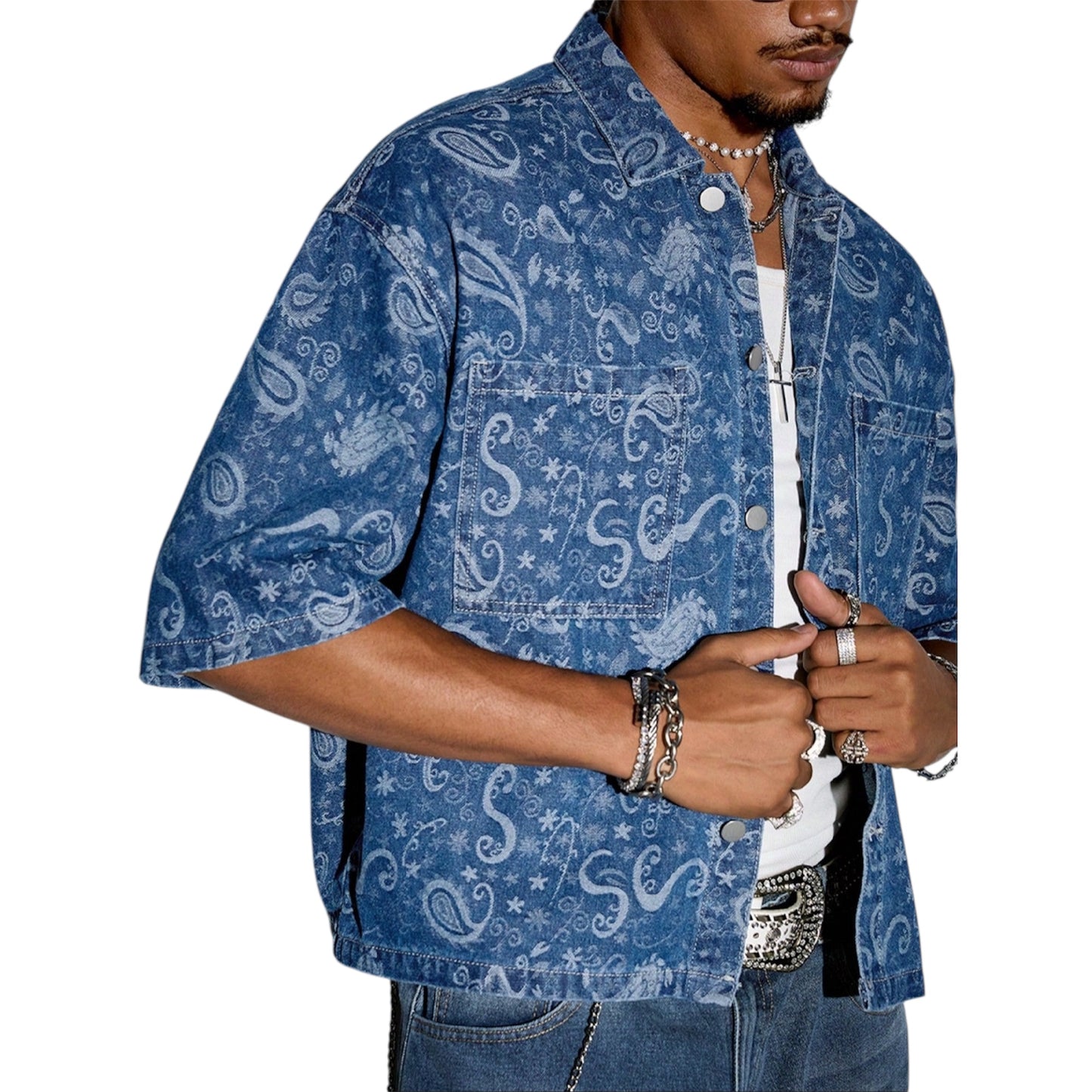 ROMWE Men’s Grunge Punk Denim Shirt – Paisley Patchwork Short Sleeve Shirt