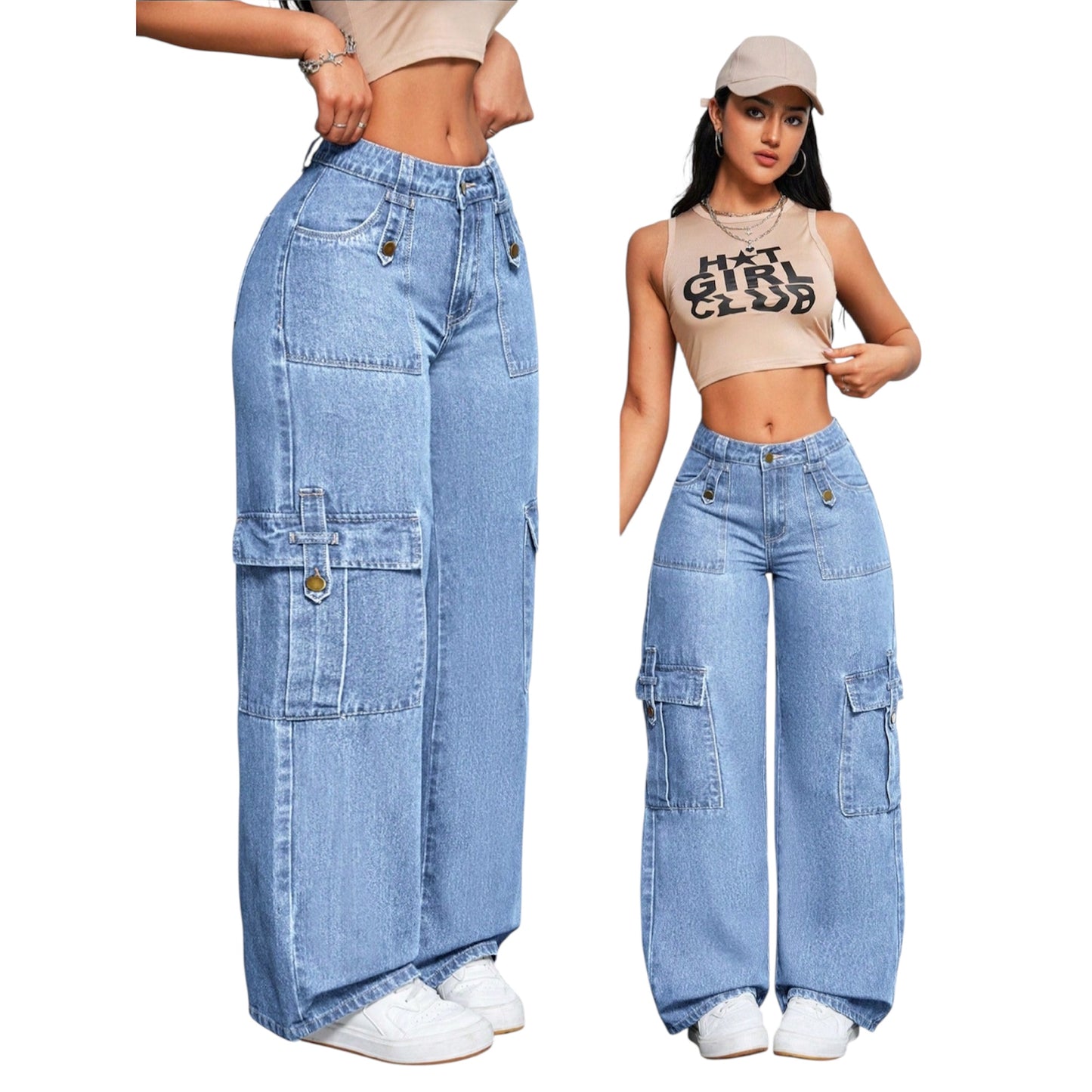 ICON Women’s Wide-Leg Cargo Jeans – Multi-Pocket Front Button Casual Denim Pants
