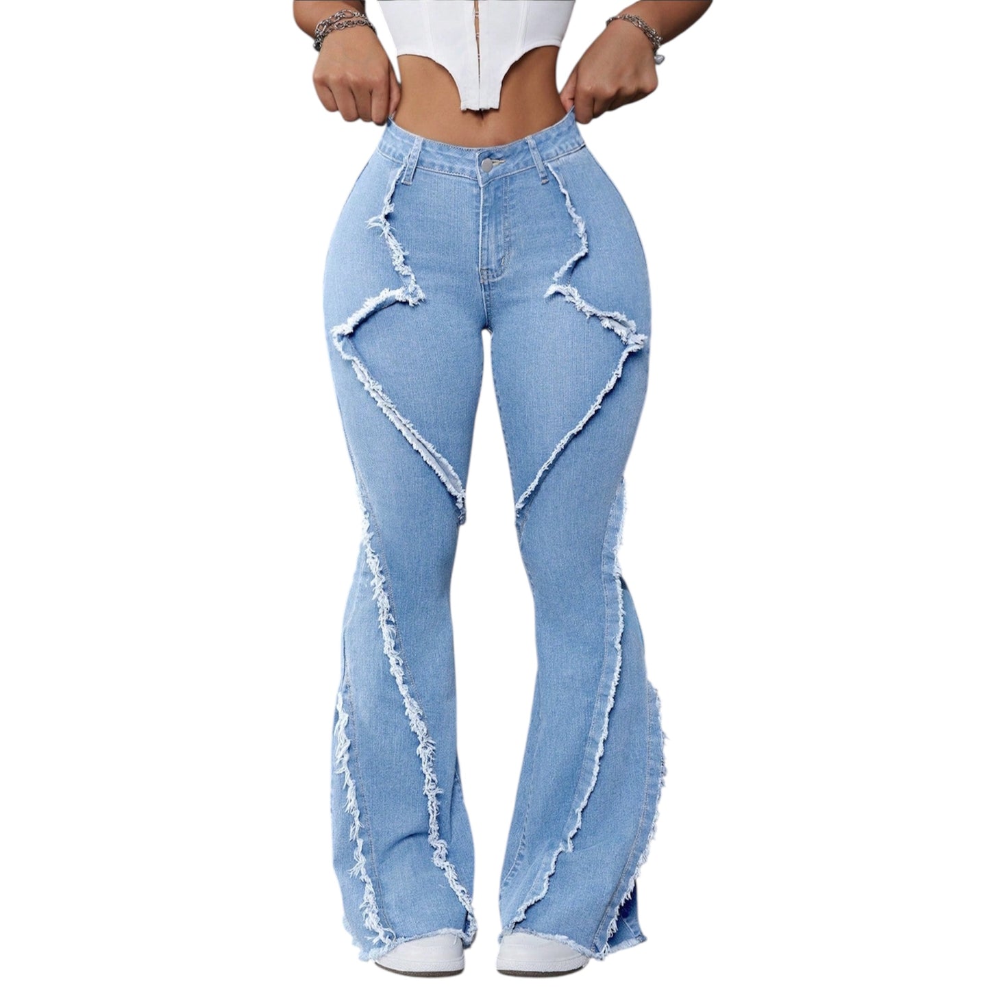 ICON Women’s Patchwork Flared Jeans – Frayed Trim Slim Fit Bootcut Denim