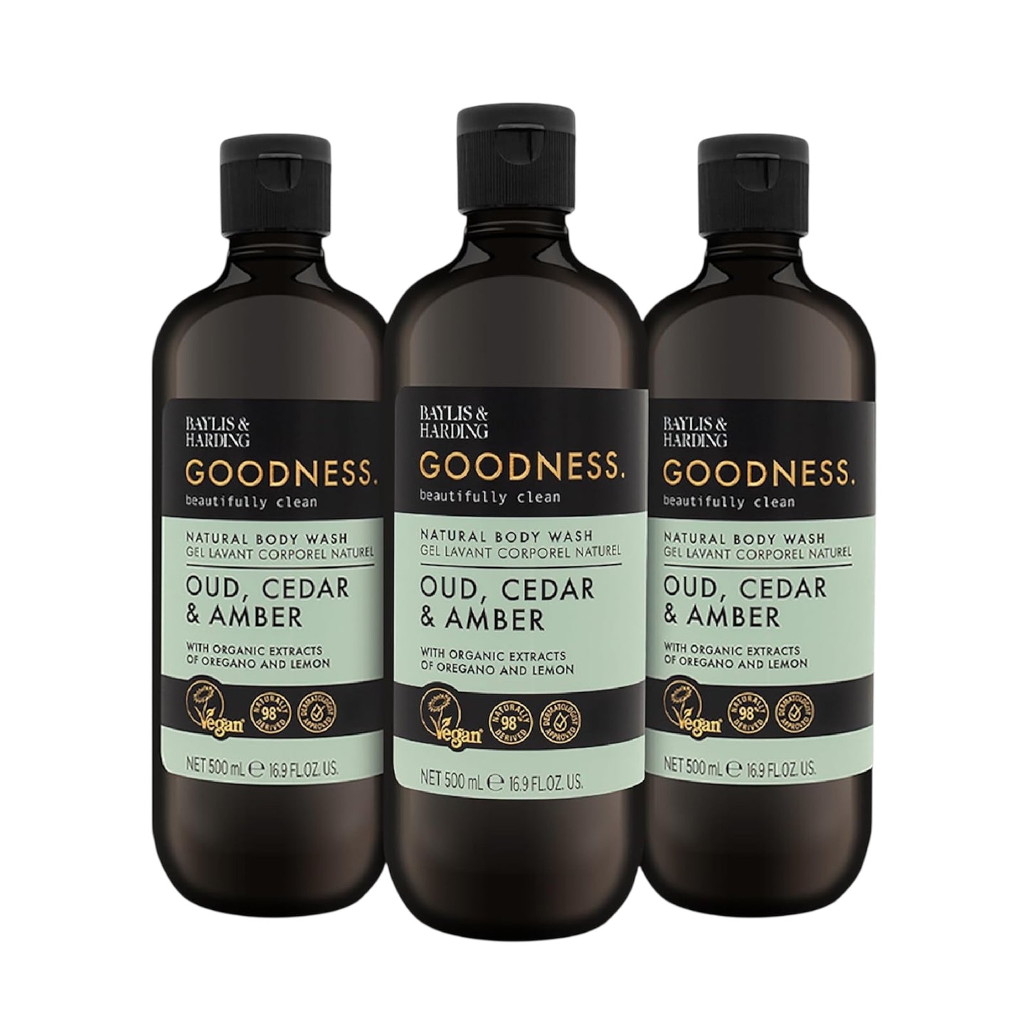Baylis & Harding Goodness Oud, Cedar and Amber Body Wash, 500 Ml (Pack of 3) - Vegan Friendly