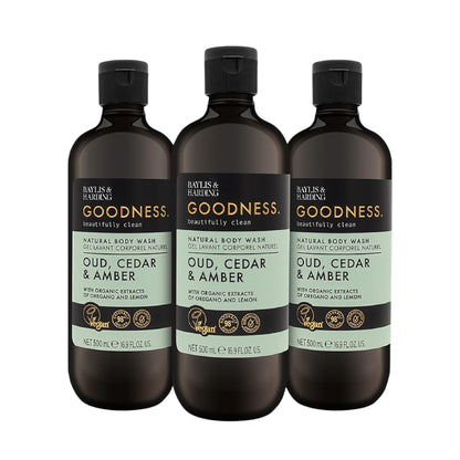 Baylis & Harding Goodness Oud, Cedar and Amber Body Wash, 500 Ml (Pack of 3) - Vegan Friendly