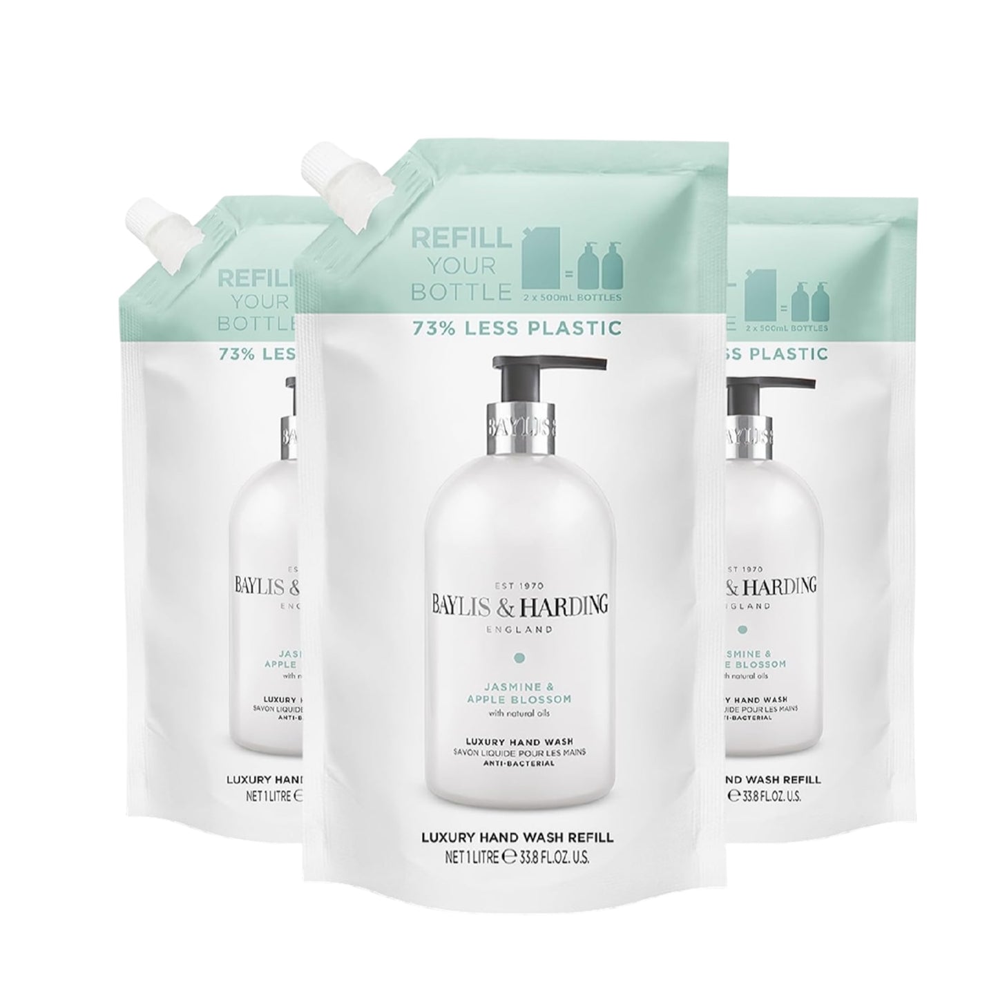 Baylis & Harding Jasmine & Apple Blossom Anti-Bacterial Hand Wash 1 Litre Refill Pouch (Pack of 3) - Vegan Friendly