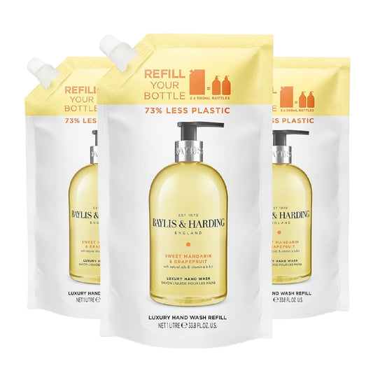 Baylis & Harding Sweet Mandarin & Grapefruit Hand Wash 1 Litre Refill Pouch (Pack of 3) - Vegan Friendly
