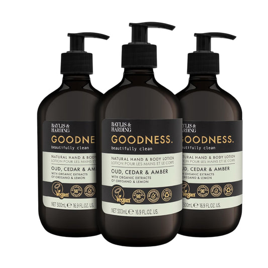 Baylis & Harding Goodness Oud, Cedar & Amber Hand & Body Lotion, 500 Ml (Pack of 3) - Vegan Friendly