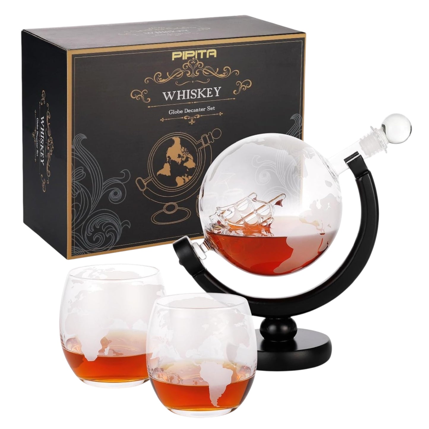 Whiskey Decanter Globe Set with 2 * 250Ml Glasses & Bottle Opener Keychain,Anniversary Birthday Gifts for Him Husband Boyfriend, 850Ml Whiskey Flask Decanter,Unique Christmas for Bourbon Scotch