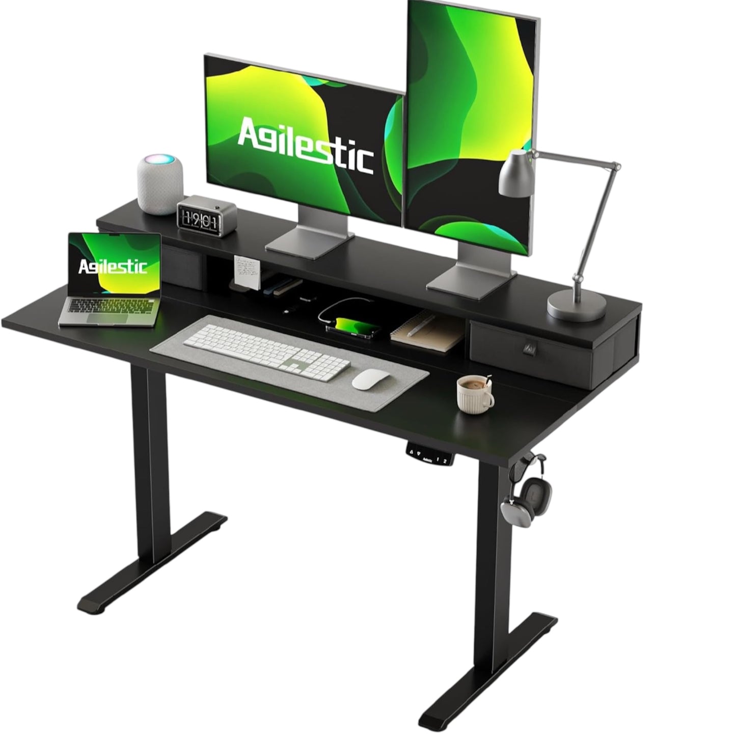 Agilestic Height Adjustable Desk with Two Drawers, 120 X 60 Cm Electric Computer Desks with Memory Function, Sit Stand Desk, Black