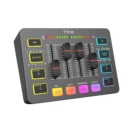 FIFINE Gaming Audio Mixer for Streaming, RGB PC Audio Interface, DJ Mixer with XLR Microphone Interface Volume Fader Individual Channel Design, Customized Soundboard for Podcast, Recording, Vocal-Sc3