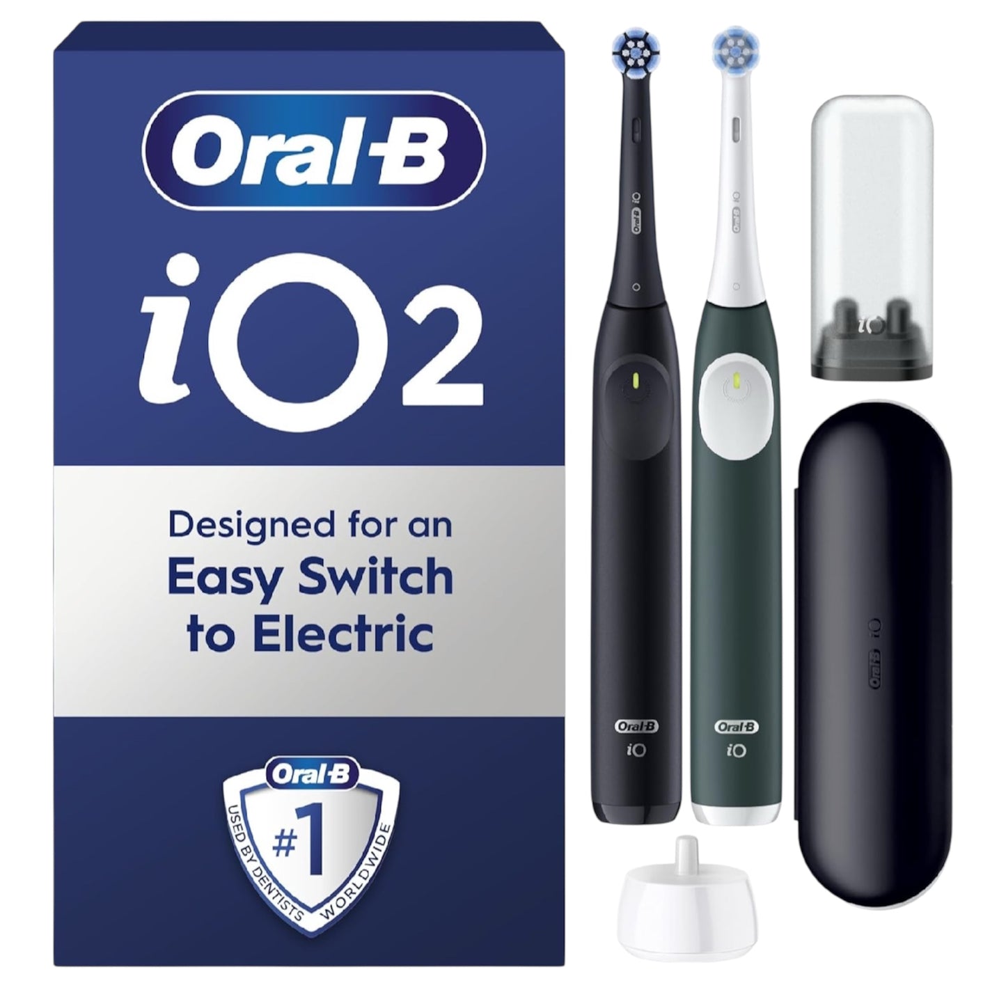 Oral-B Io2 Duo Electric Toothbrushes, 2 Gentle Care Toothbrush Heads, 1 Travel Case, 1 Travel Refill Holder, Toothbrush for Adults (Night Black and Forest Green), Designed by Braun, 2 Pin UK Plug
