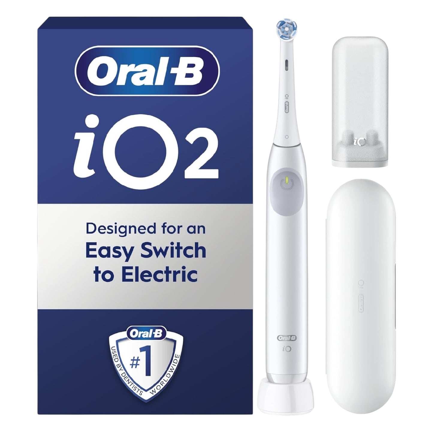 Oral-B Io2 Electric Toothbrush, 1 Gentle Care Toothbrush Head, 1 Travel Case, 1 Travel Refill Holder, Toothbrush for Adults (Simple White), Designed by Braun, 2 Pin UK Plug