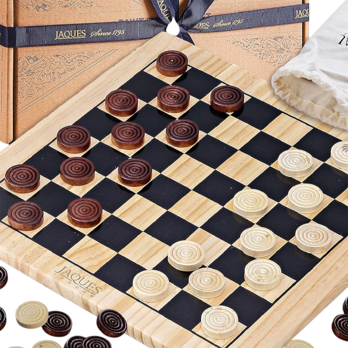 Jaques Draughts Board Game | Traditional 12" Wooden Board with Deluxe Checkers Pieces | for Adults and Kids | since 1795