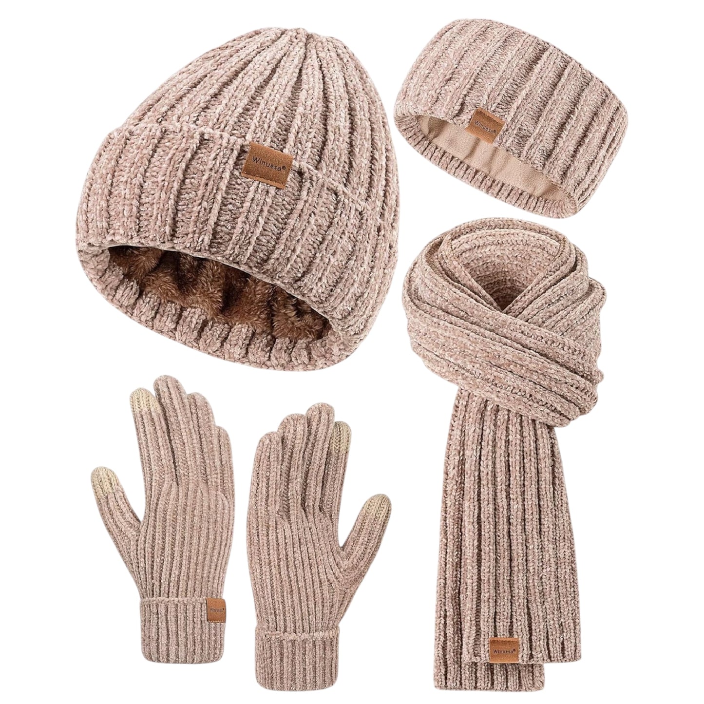 Winuesa Headbands Hat Scarf and Gloves Set Ladies, Chenille Beanie Hat Women Fleece Lined Touchscreen Gloves Women Knit ￼Scarf Ear Warmers 4 in 1 Cold Weather Gift Set