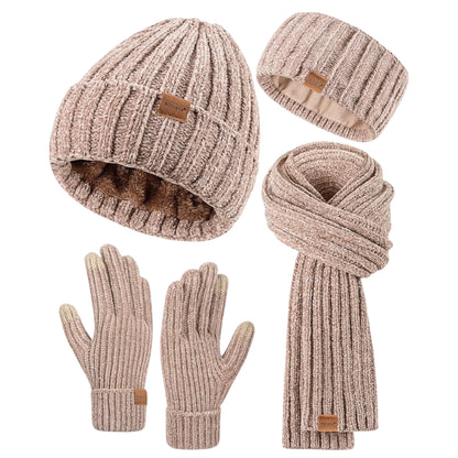 Winuesa Headbands Hat Scarf and Gloves Set Ladies, Chenille Beanie Hat Women Fleece Lined Touchscreen Gloves Women Knit ￼Scarf Ear Warmers 4 in 1 Cold Weather Gift Set