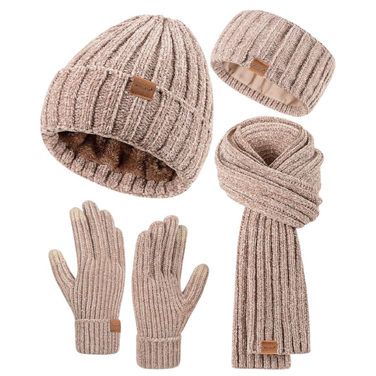 Winuesa Headbands Hat Scarf and Gloves Set Ladies, Chenille Beanie Hat Women Fleece Lined Touchscreen Gloves Women Knit ￼Scarf Ear Warmers 4 in 1 Cold Weather Gift Set
