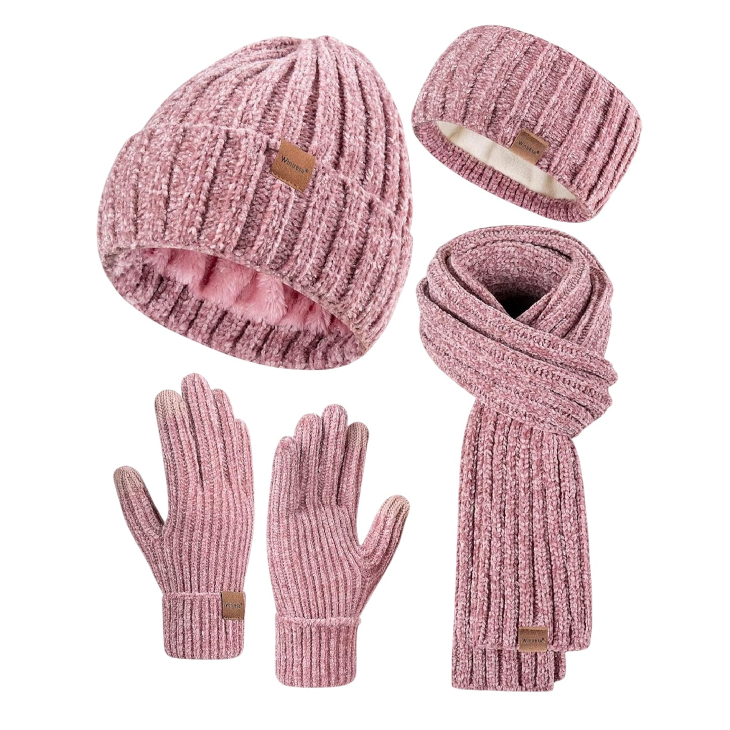 Winuesa Headbands Hat Scarf and Gloves Set Ladies, Chenille Beanie Hat Women Fleece Lined Touchscreen Gloves Women Knit Scarf Ear Warmers 4 in 1 Cold Weather Gift Set