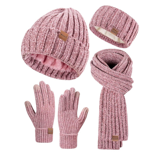 Winuesa Headbands Hat Scarf and Gloves Set Ladies, Chenille Beanie Hat Women Fleece Lined Touchscreen Gloves Women Knit Scarf Ear Warmers 4 in 1 Cold Weather Gift Set