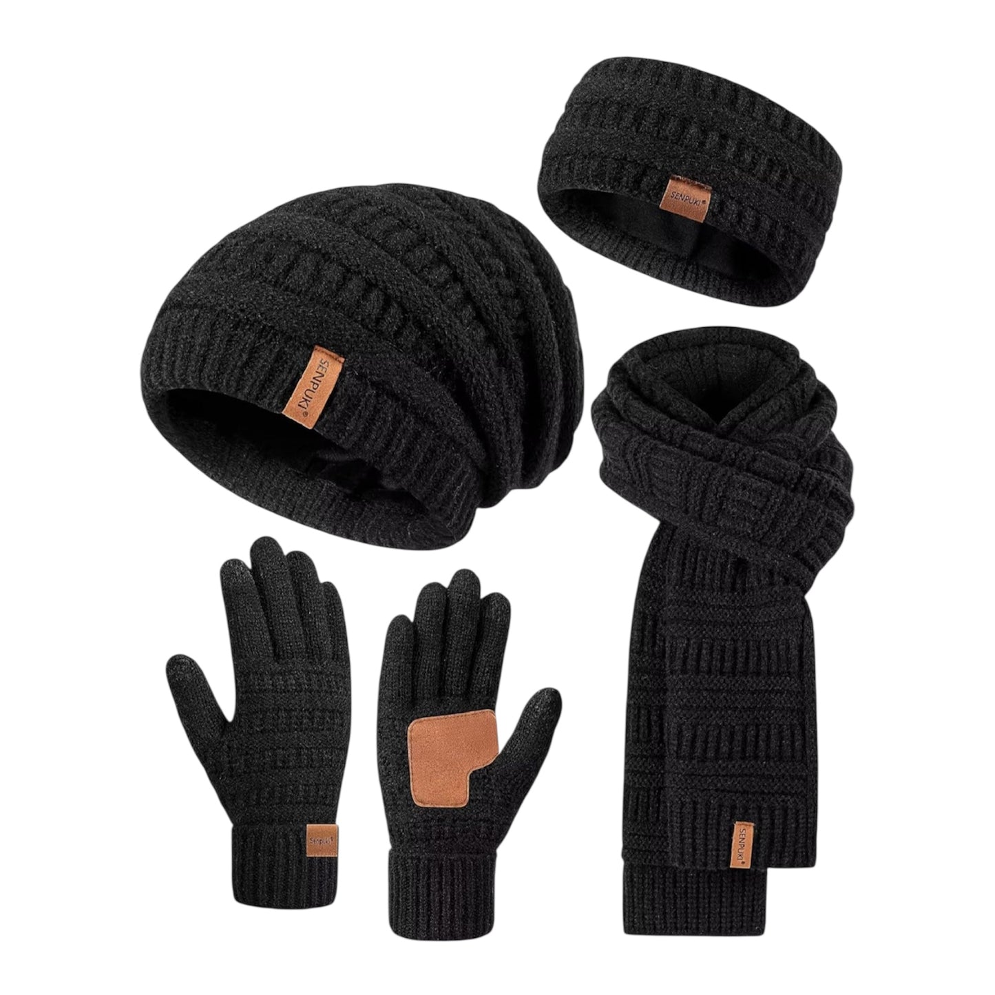 Winuesa Headbands Hat Scarf and Gloves Set Ladies, Slouchy Beanie Hat Women Touchscreen Gloves Women Knit Scarf Ear Warmers 4 in 1 Cold Weather Gift Set