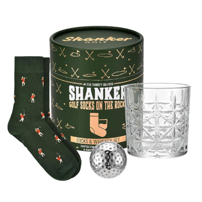 Shanker - Golf Socks on the Rocks - Socks, Whiskey Glass & Golf Ball Ice Stone Set - Golf Gift Set for Men - Size 8-13