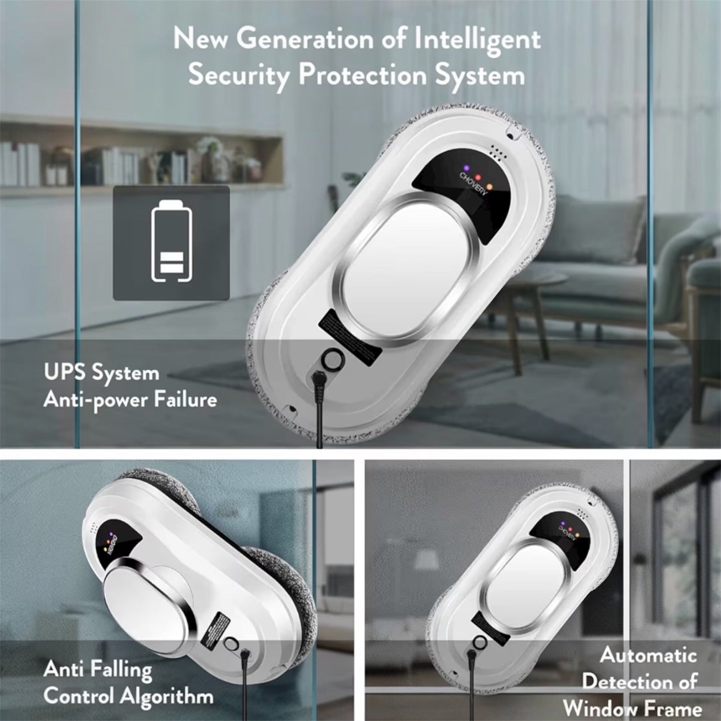 CHOVERY CL.1 Robot Glass Cleaner, Remote Control, Deep Cleaning, Intelligent Edge Detection System, Suitable for Windows, Tiles, Bathrooms (White)