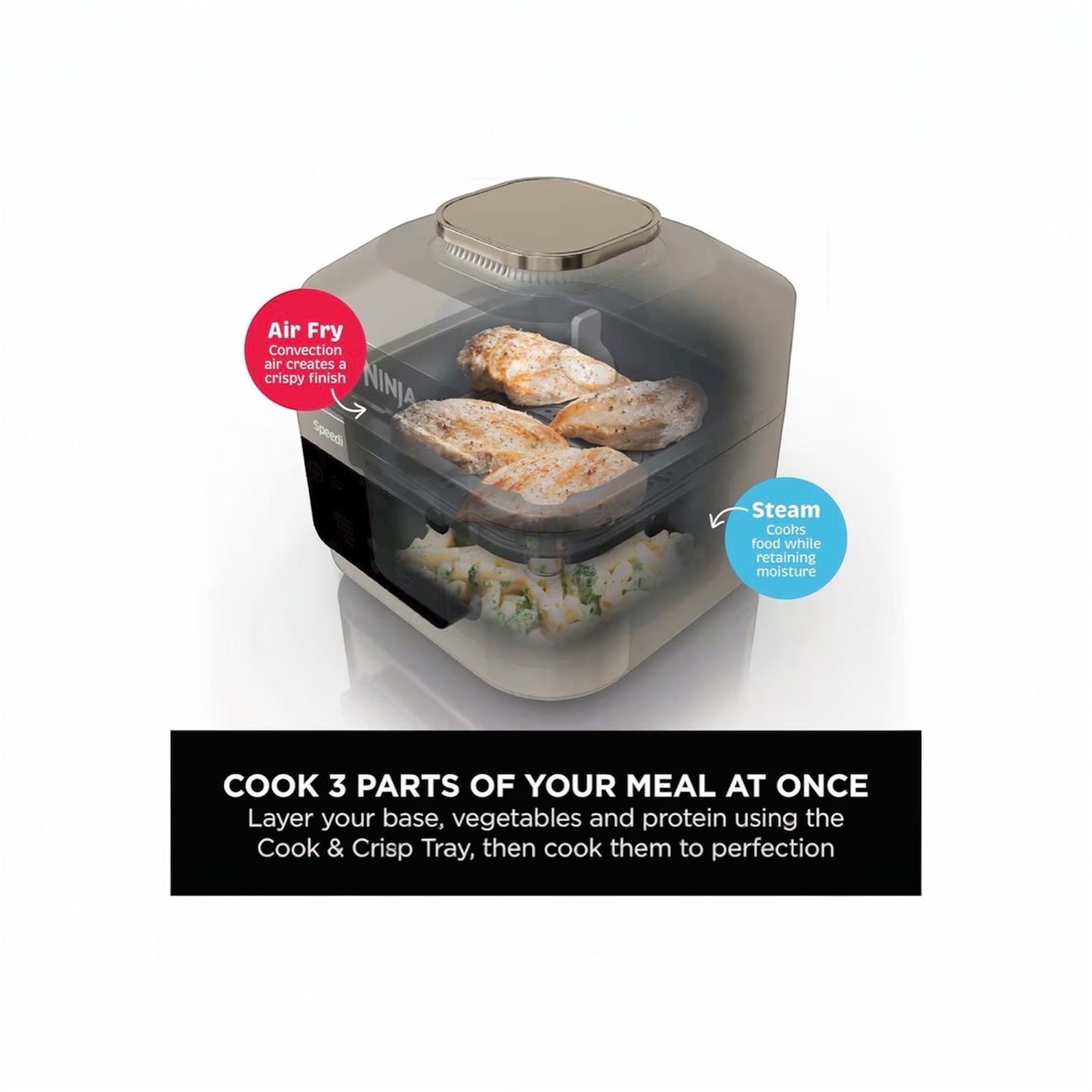 Speedi 12-in-1 Multi-Cooker, Air Fryer and Slow Cooker, 5.7L Cooking Pot, Meals for 4 in Minutes, Air Fry, Steam, Grill, Bake, Roast, Sear, Slow Cook and More, Stone Gold
